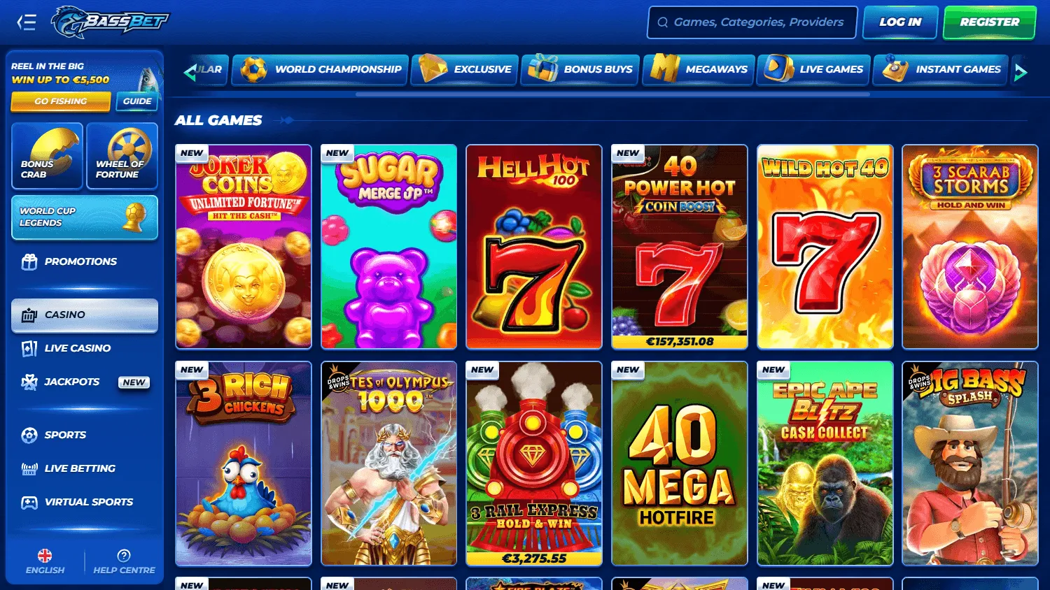 Bassbet Casino desktop games lobby with casino categories and titles