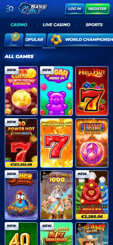 Bassbet Casino mobile browser games lobby with search options