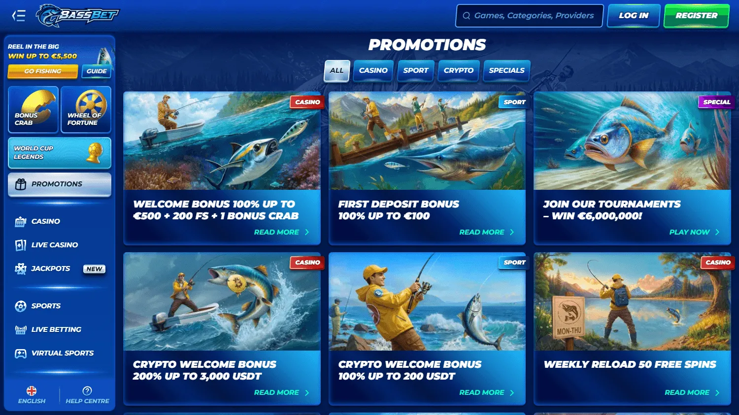 Bassbet Casino desktop promotions area with welcome and reload offers