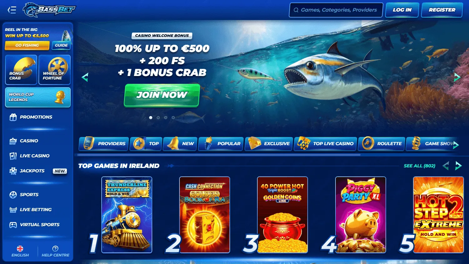 Bassbet Casino desktop home with casino offers and account access