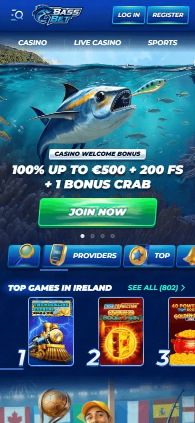 Bassbet Casino mobile browser home with casino account features