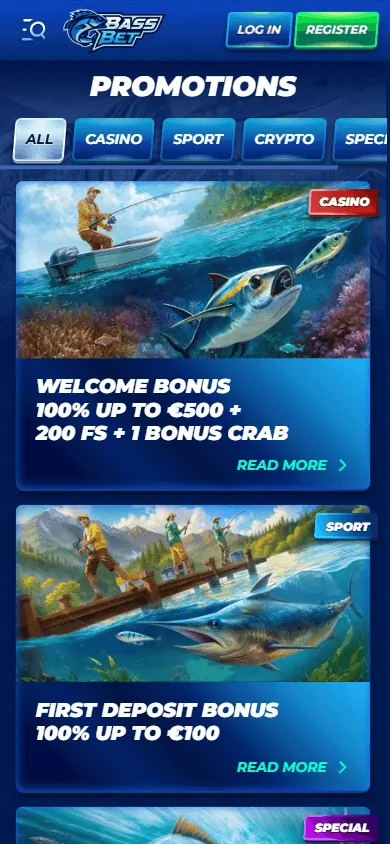 Bassbet Casino mobile browser promotions area with casino offers